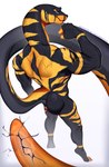 anthro cracks male muscular perspective perspective_shot scales solo tail yellow_eyes natural_plaid reptile scalie snake black_and_yellow hi_res shaded soft_shading