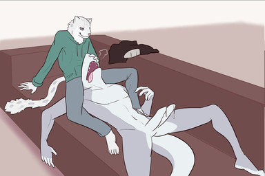2_penises abs after_oral animal_genitalia animal_penis anthro bodily_fluids bottomwear claspers clothed clothing countershade_torso countershading diphallism discarded_clothing duo erection furniture genital_fluids genitals head_on_lap hemipenes hoodie humanoid_genitalia hybrid_genitalia hybrid_penis male male/male multi_genitalia multi_penis multicolored_body navel nude on_lap open_mouth pants pecs penis perineum pink_tongue reclining sharp_teeth sofa tail teeth tongue tongue_out topwear two_tone_body joeyjazz joey_(joeyjazz) tal_(sneptacular) aquatic felid fish mammal pantherine shark snow_leopard 3:2 hi_res