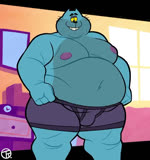 anthro belly belly_overhang big_belly black_bars blue_body bouncing_belly bouncing_moobs bulge clothed clothing clothing_pull detailed_background dressing eyebrows facial_hair love_handles male mature_male moobs navel nipples overweight overweight_anthro overweight_male solo teeth underwear underwear_only underwear_pull whiskers trashtoonz lester_(trashtoonz) domestic_cat felid feline felis mammal 2023 animated no_sound short_playtime webm