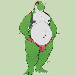 anthro areola backpack belly black_areola blush bulge clothing countershading detailed_bulge genital_outline green_body male navel nipples overweight overweight_anthro overweight_male penis_outline red_clothing red_underwear shell slightly_chubby solo tongue tongue_out underwear walking weight_gain white_body minedoo mario_bros nintendo green_yoshi yoshi 1:1 2021 full-length_portrait hi_res portrait