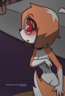 anthro blush covering covering_body covering_self embarrassed female small_waist solo jizoku mythology sol_(jizoku) canid canid_demon canine demon hellhound mammal mythological_canine mythological_creature