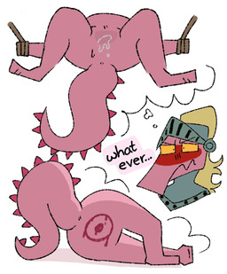 anthro arms_tied blush bound embarrassed knight male null pink_body solo target thought_bubble warrior conditional_dnp furryfluffbutt mythology dragon mythological_creature mythological_scalie scalie hi_res