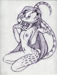 anthro areola biped breasts female hair king-cheetah lizard long_hair monochrome navel nipples non-mammal_breasts nude reptile scalie simple_background sitting sketch small_breasts smile solo spots teela_smothers white_background