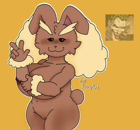 anthro areola big_breasts big_butt blush breasts brown_areola brown_body brown_fur brown_nipples butt female fur genitals navel nipples solo tail thick_thighs vulva bawnzybun nintendo pokemon generation_4_pokemon lopunny pokemon_(species)