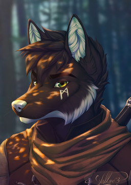 anthro black_body black_fur clothed clothed_male clothing forest fur green_eyes male male_anthro melee_weapon outside plant rune solo sword sword_on_back tree weapon weapon_on_back whiskers nelly63 ulfgeirr_lindberg canid canine canis mammal wolf hi_res signature