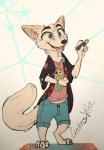 2018 absurd_res anthro barefoot biped black_nose blue_eyes bottomwear canid canine clothed clothing disney feet fox fully_clothed fur head_tuft hi_res holding_object inner_ear_fluff laser_pointer mammal neck_tuft open_mouth open_smile pants sharp_teeth shirt skye_(zootopia) smile solo standing tan_body tan_fur teeth topwear tuft xx-junglebeatz-xx zootopia