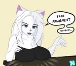 anthro big_breasts blue_eyes breasts clothed clothing female fur furniture hair shirt simple_background smile smirk solo table tank_top tomboy topwear white_body white_fur white_hair yeetboi420z fair_argument_(meme) devin_(yeetboi420z) domestic_cat felid feline felis mammal low_res meme