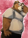 anthro belly blush bottomwear brown_body brown_fur brown_nose clothing fur kemono male overweight overweight_male pants shirt solo topwear arufina_w bear mammal 2025 absurd_res hi_res