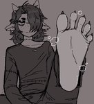 5_toes anthro barefoot claws facial_hair feet foot_focus greek_toe hair hair_over_eye humanoid_feet long_hair looking_at_viewer male musk musk_clouds plantigrade smelly smelly_feet soles solo stitch_(sewing) toe_claws toes dondon don_(dondon) bovid caprine demon goat humanoid mammal 2024 greyscale monochrome