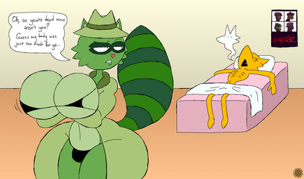 anthro bar_emanata bathrobe belly big_breasts bottom_heavy bra breast_jiggle breasts cheek_tuft clothing convenient_censorship countershade_belly countershade_breasts countershading curvy_figure dialogue duo emanata eyelashes facial_markings facial_tuft fangs fedora femboy fur green_body green_fur gynomorph hat head_markings headgear headwear heart_nose heart_symbol intersex jiggling logo looking_at_another looking_back looking_back_at_another male markings mask_(marking) navel nude orange_body orange_fur raised_tail rib_cage robe speech_bubble spherical_breasts tail teeth text thick_thighs thong tuft underwear wide_hips x_eyes thatdawgmurray gorillaz happy_tree_friends murray_(thatdawgmurray) shifty_(htf) canid canine canis domestic_dog mammal procyonid raccoon aliasing artist_logo artist_name digital_media_(artwork) english_text hi_res signature