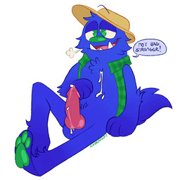 animal_genitalia animal_penis anthro balls blue_body blue_fur bodily_fluids canine_genitalia canine_penis clothing cum cum_on_body cum_on_self dialogue erection fangs fur genital_fluids genitals green_eyes green_nose hat headgear headwear knot male mature_anthro mature_male open_mouth pattern_clothing pawpads penis plaid plaid_clothing solo speech_bubble teeth text underbite conditional_dnp sleepweed bugsnax young_horses wambus_troubleham grumpus 2021 artist_name english_text hi_res