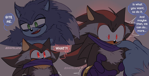 anthro bedroom_eyes blush blush_lines bodily_fluids covered_mouth dialogue duo fur male male/male narrowed_eyes pulling_down_mask seductive shocked speech_bubble sweat teasing shipslucia sega sonic_the_hedgehog_(series) sonic_unleashed shadow_the_hedgehog sonic_the_hedgehog sonic_the_werehog eulipotyphlan hedgehog mammal vampire werecreature wereeulipotyphlan werehog hi_res
