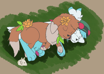 clothing duo eyewear eyewear_on_head female feral goggles goggles_on_head male male/female pawpads paws sleeping sleeping_on_partner yeendrive nintendo pokemon pokemon_mystery_dungeon spike_chunsoft fan_character shrike_(shaymin) eevee generation_1_pokemon generation_4_pokemon legendary_pokemon pokemon_(species) shaymin sky_forme_shaymin absurd_res hi_res