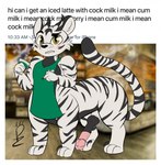 animal_genitalia animal_penis apron apron_only blurred_background blush clothing digitigrade dipstick_tail erection eyebrows fur genitals holding_object humor hybrid_genitalia hybrid_penis male markings penis photo_background quadruped raised_eyebrow solo standing striped_body striped_fur stripes tail tail_markings text white_body white_fur pawzzypawzbourne i_mean_breast_milk adux felid felid_taur mammal mammal_taur pantherine pantherine_taur taur tiger tiger_taur 2021 digital_drawing_(artwork) digital_media_(artwork) english_text flat_colors hi_res meme photography_(artwork) signature