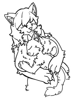 between_breasts big_breasts big_claws breasts chest_tuft claws duo female hair happy hug huge_breasts larger_female long_hair male male/female nipples resting_on_partner size_difference sleeping sleeping_on_partner spots tuft wafas canid felid mammal black_and_white monochrome