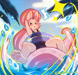 4_toes anthro arms_tied bandage bandage_on_face blush blush_lines bound bulge clothing cloud detailed_background detailed_bulge feet femboy fur hair inflatable inner_tube male one-piece_swimsuit open_mouth outside palm_tree pawpads paws pink_body pink_fur pink_hair pink_pawpads pink_tentacles plant sitting sky solo sparkles surprised swimwear tentacles text toes tree water yellow_text krapekk lagomorph leporid mammal rabbit 2026 artist_name hi_res