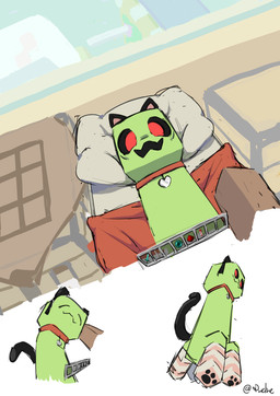 ambiguous_gender bed big_eyes clothing collar collar_tag duo fake_ears fake_tail furniture green_body headpat heart_collar_tag legwear lying lying_on_bed mostly_offscreen_character on_bed pillow pink_stockings red_blanket red_collar red_eyes silver_collar_tag smile smiling_at_viewer solo_focus stockings white_pillow dwelne microsoft minecraft minecraft_sheep_fucker mojang xbox_game_studios steve_(minecraft) creeper_(minecraft) human mammal monster sheep_(minecraft) absurd_res hi_res
