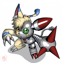anthro cybernetics fur green_eyes machine metallic_body simple_background solo standing white_background yellow_body yellow_eyes yellow_fur nahura bandai_namco digimon cyborg digimon_(species) domestic_cat felid feline felis mammal maquinamon hi_res