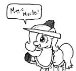 clothing dialogue earth_pony emerald_jewel_(colt_quest) english_text equid equine fan_character feathers feral ficficponyfic hasbro hat headgear headwear horse male mammal monochrome my_little_pony pony simple_background solo text young young_feral young_male