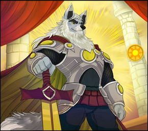anthro armor beard bearded bottomwear clothed clothing eyebrows facial_hair fur hair king long_beard long_hair looking_away male muscular muscular_male pants pose royalty simple_background smile solo standing sun thick_eyebrows lupelongo neopets canid lupe_(neopets) mammal neopet_(species) digital_media_(artwork) hi_res