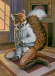 animal_genitalia anthro balls big_tail biped bottomless canine_genitalia carpet cheek_tuft clothed clothing clothing_lift detailed_background dipstick_tail facial_tuft fluffy fluffy_tail genitals hoodie inner_ear_fluff inside kneeling looking_at_viewer male markings on_ground paws penis penis_tip presenting raised_tail sheath smile smiling_at_viewer solo tail tail_markings topwear tuft hibbary canid canine fox mammal 2024 hi_res