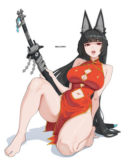 animal_ears asian_clothing biped black_hair breasts chinese_clothing chinese_dress clothed clothing dress east_asian_clothing eyelashes feet female hair holding_melee_weapon holding_object holding_sword holding_weapon looking_at_viewer melee_weapon pupils red_clothing red_eyes solo sword thick_thighs toes weapon melowh mihoyo zenless_zone_zero hoshimi_miyabi animal_humanoid canid canid_humanoid canine canine_humanoid fox_humanoid humanoid mammal mammal_humanoid thiren absurd_res hi_res