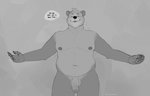 5_fingers anthro balls black_nose claws dialogue fingers foreskin fur genitals humanoid_genitalia humanoid_penis male nipples nude overweight overweight_anthro overweight_male penis solo text repzzmonster nickel bear mammal english_text monochrome