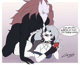 annoyed anthro dialogue duo electronics female from_behind_position male male/female on_phone prone_bone_position sex gwizzly hellaverse helluva_boss arty_(ascendedarty) loona_(helluva_boss) avian bird canid canine canis corvid mammal oscine passerine wolf tagme