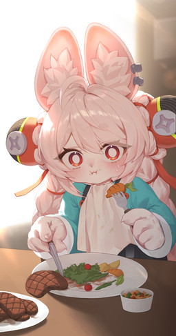 ahoge anthro beef bib braided_pigtails carrot clothed clothed_anthro clothed_female clothing cutlery ear_piercing ear_ring eating female food fork fully_clothed fully_clothed_anthro fully_clothed_female fur hair inner_ear_fluff kitchen_utensils knife meat piercing pink_body pink_fur pink_hair plant plate red_eyes ring_piercing solo steak tools tuft vegetable s4hara mihoyo zenless_zone_zero zhao_(zenless_zone_zero) lagomorph leporid mammal rabbit thiren absurd_res hi_res