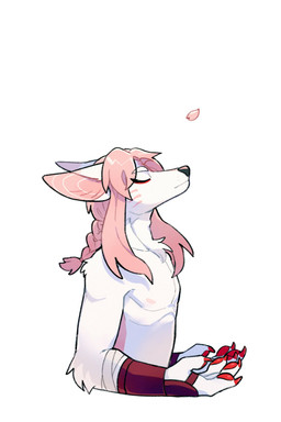 anthro arm_tuft bandage bandaged_arm black_nose chest_tuft claws ears_back elbow_tuft eyes_closed facial_markings finger_claws fur glistening glistening_hair hair head_markings leaf long_hair male markings mouth_closed pawpads pink_body pink_fur pink_hair pink_inner_ear pivoted_ears red_claws red_pawpads shoulder_tuft side_view simple_background solo striped_face stripes tuft unsigned white_background white_body white_ears white_fur asnnonaka kitsugawa_sakura canid canine fox mammal 2:3 half-length_portrait hi_res portrait nonbinary_(lore)