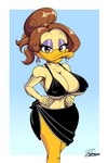 accessory anthro beak bikini black_bikini black_clothing black_swimwear breasts brown_hair clothing covering eyebrows eyelashes female fingers fur hair long_hair looking_at_viewer makeup non-mammal_breasts ponytail smile solo swimwear towel two-piece_swimsuit yellow_body yellow_fur reymonrr looney_tunes the_looney_tunes_show warner_brothers tina_russo anatid anseriform avian bird duck absurd_res hi_res