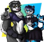 anthro black_body black_fur black_hair black_nose blue_body blue_eyes blue_fur blue_hair bottomwear clothed clothing collar duo eyewear fur glasses hair male male/male selfie simple_background skirt smile topless white_body white_fur yellow_eyes limbo6_6 limbo_(limbo6_6) border_collie canid canine canis collie domestic_dog felid feline felis herding_dog mammal pantherine pastoral_dog sheepdog tiger hi_res