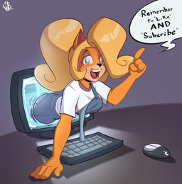anthro big_butt blonde_hair breaking_the_fourth_wall breasts bubble_butt butt computer computer_monitor dialogue electronics female hair lips looking_at_viewer medium_breasts open_mouth open_smile ponytail smile solo text through_screen gewdboi activision crash_bandicoot_(series) coco_bandicoot bandicoot mammal marsupial english_text hi_res