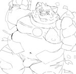 anthro belly blush bodily_fluids bulge clothing humanoid_hands kemono male moobs navel nipples one_eye_closed overweight overweight_male solo sweat underwear marumori0619 lifewonders live_a_hero mokdai canid canine canis domestic_dog mammal 2022 absurd_res hi_res monochrome sketch