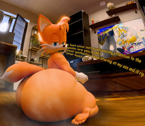angry anthro big_butt butt controller dialogue electronics femboy flatscreen freckles furrowed_eyebrows game_controller gaming half-closed_eyes huge_butt hyper hyper_butt kneeling looking_aside looking_aside_at_viewer looking_at_viewer low-angle_view male musk musky_butt narrowed_eyes open_mouth playing_video_game solo television text thick_thighs threatening vr_headset kirby_animatez uncle_aiden_(modeler) sega sonic_racing:_crossworlds sonic_the_hedgehog_(series) miles_prower canid canine fox mammal red_fox true_fox 3d_(artwork) digital_media_(artwork)