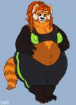 anthro belly big_belly breasts clothed clothing female nipple_outline obese obese_anthro obese_female open_mouth overweight overweight_anthro overweight_female pregnant pregnant_anthro pregnant_female smile solo standing dbd ailurid mammal red_panda 2019