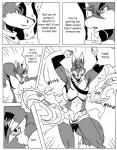 anthro bulge canid canine canis clothing comic detailed_bulge dialogue digital_drawing_(artwork) digital_media_(artwork) duo english_text femboy fox genital_outline greyscale jockstrap male male/male mammal monochrome muscular ninja penis_outline reagan700 text underwear warrior wolf