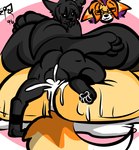 anthro balls black_body bodily_fluids cum cum_in_pussy cum_inside duo female genital_fluids genitals knot male male/female paws penetration size_difference small_dom_big_sub smile tail roder_vasquez julie_(jhenightfox) rod_(r_96) canid canine canis fox mammal wolf