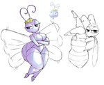 antennae_(anatomy) anthro big_breasts breasts clothing crossed_arms crown featureless_crotch female flying headgear headgear_only headwear headwear_only lidded_eyes looking_aside looking_at_viewer mostly_nude pose purple_body reference_image simple_background solo thick_thighs white_background wide_hips ferretidk a_bug's_life disney pixar princess_atta ant arthropod hymenopteran insect 2022 absurd_res hi_res partially_colored sketch