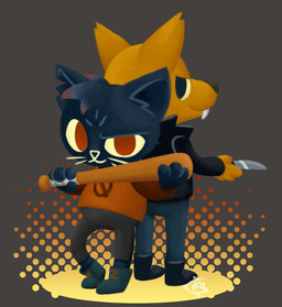 4_fingers ambiguous_gender anthro baseball_bat bat_(object) black_eyes blue_body blue_fur boots bottomwear clothed clothing duo dyed_fur fangs fingers footwear fully_clothed fur hair head_tuft humanoid_hands jacket knife looking_at_viewer melee_weapon notched_ear null_symbol on_model orange_clothing orange_shirt orange_topwear pants red_eyes sharp_teeth shirt shoes shorts simple_background smile t-shirt tape teeth topwear tuft weapon whiskers yellow_body yellow_fur thedragenda night_in_the_woods gregg_lee mae_borowski canid canine domestic_cat felid feline felis fox hybrid mammal 2d_animation animated digital_drawing_(artwork) digital_media_(artwork) motion_tweening