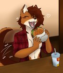 anthro arm_tuft beverage bread breasts brown_body brown_fur brown_hair burger chest_tuft clothed clothing container crumbs eating elbow_tuft eyes_closed featureless_breasts female food fur hair happy heart_symbol holding_burger holding_food holding_object inner_ear_fluff lettuce motion_lines multicolored_body open_clothing open_mouth open_shirt open_topwear orange_body pattern_clothing pattern_shirt pattern_topwear plaid plaid_clothing plaid_shirt plaid_topwear plant sesame_seeds shirt simple_background smile soda solo tail tail_motion tailwag teeth text tongue topwear tuft vegetable white_body kawattame twokinds cassidy_(twokinds) canid canine canis keidran mammal wolf 2023 digital_media_(artwork) english_text hi_res