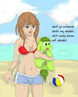 ambiguous_feral ambiguous_gender armband baby_talk ball beach_ball blue_clothing blue_eyes blue_swimming_trunks blue_swimwear breasts brown_hair clothing cloud dialogue duo female female_human feral fur green_body green_eyes green_fur green_hair green_tail hair hooves inflatable lifting_another light_body light_skin navel open_mouth open_smile red_bikini_top red_clothing red_swimwear sand sea sky smile standing swimming_trunks swimwear tail text water young young_ambiguous young_feral carpdime fluffy_pony avocado_(fluffy_pony) fluffy_pony_(species) human mammal digital_media_(artwork) english_text shaded