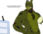 anthro body_hair chest_hair duo green_body hairy machine male male/male muscular muscular_male sharp_teeth simple_background size_difference teeth text nastybluepal springtrap_sanctuary five_nights_at_freddy's freddy_fazbear's_pizzeria_simulator scottgames scraptrap_(fnaf) animatronic human humanoid lagomorph leporid mammal rabbit robot 5:4 absurd_res english_text hi_res