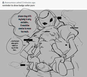 blush bodily_fluids clitoral clitoris clothing dialogue duo erection eyelashes eyes_closed female genital_fluids genitals male male/female mask penis pussyjob sex speech_bubble text vaginal_fluids vulva glacierclear a_hat_in_time anon badge_seller_(ahit) munch_(glacierclear) human humanoid mammal 2022 digital_drawing_(artwork) digital_media_(artwork) english_text monochrome