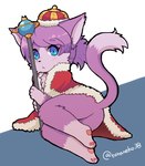 :< abstract_background ambiguous_gender anthro blue_eyes butt clothing crown fur fur_trim_(clothing) hair headgear holding_object holding_weapon kemono knees_pulled_up looking_at_viewer lying multicolored_body multicolored_fur pawpads purple_body purple_fur purple_hair red_clothing red_robe robe scepter short_hair solo tail two_tone_body two_tone_fur weapon toraneko38 domestic_cat felid feline felis mammal artist_name