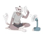 ambiguous_gender anthro black_bottomwear black_clothing black_shorts bodily_fluids bottomwear clothed clothed_anthro clothing crossed_legs digitigrade eyes_closed fan_(object) fanning fur grey_body grey_clothing grey_fur grey_shirt grey_t-shirt grey_topwear hair heat_(temperature) open_mouth paper_fan shirt shorts simple_background sitting solo sweat t-shirt tail_flick topwear white_background white_hair notglacier silvermist_(notglacier) domestic_cat felid feline felis mammal 2019 digital_drawing_(artwork) digital_media_(artwork) english_description full-length_portrait hi_res portrait male_(lore)