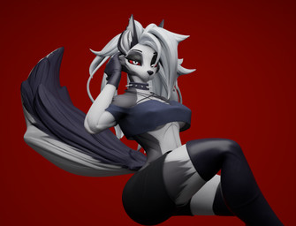 anthro bedroom_eyes clothing eyebrow_piercing facial_piercing female fur hair legwear multicolored_body multicolored_fur narrowed_eyes piercing red_eyes seductive snout solo tail thigh_highs white_hair imnotafurry4321 da.nilkaz_(modeler) hellaverse helluva_boss loona_(helluva_boss) canid canine canis mammal wolf 3d_(artwork) blender_(artwork) digital_media_(artwork) hi_res
