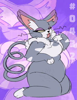 anthro anthrofied belly blowup_background breasts curled_tail dipstick_ears ear_markings female fluffy fur grey_body grey_fur kneeling lidded_eyes looking_back markings monoboob multicolored_ears navel nude open_mouth overweight overweight_anthro overweight_female paws pokemorph purple_background seiza simple_background sitting solo stretch_marks tail whiskers white_body white_fur bowlofwolfieos nintendo pokemon felid feline generation_4_pokemon mammal pokemon_(species) purugly 2026 full-length_portrait hi_res portrait