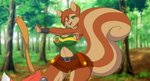 anthro axe bangs belly_cutout big_breasts big_tail bottomwear breasts brown_body brown_fur brown_hair cleavage clothed clothing countershading cutout day depth_of_field ear_tuft emblem female fluffy fluffy_tail forest fur green_eyes hair hotpants huge_hips long_tail looking_at_viewer melee_weapon multicolored_body multicolored_fur open_mouth outside plant shirt short_hair shorts side_boob small_waist smile solo standing stretching swept_bangs tail tank_top tongue tools topwear tree tuft two_tone_body two_tone_fur weapon wide_hips woodcutting_axe mastergodai mammal rodent sciurid portrait three-quarter_portrait