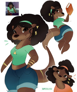 accessory afro alternate_species anthro black_coded black_hair black_nose book bottomwear breasts brown_body brown_eyes butt clothed clothing denim denim_bottomwear denim_clothing denim_shorts eyebrows female fully_clothed furrification hair hair_accessory hairband holding_book holding_object jewelry looking_at_viewer necklace shirt short_hair shorts smile solo standing t-shirt text thick_thighs topwear wide_hips supersilly64 image_comics invincible_(image_comics) amber_bennett mammal mustelid otter 2026 artist_name hi_res reference_image